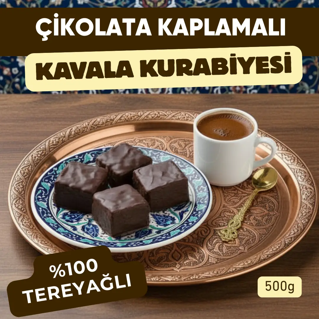 Çikolata Kaplamalı %100 Tereyağlı Kare Kesim Kavala Kurabiyesi 500g