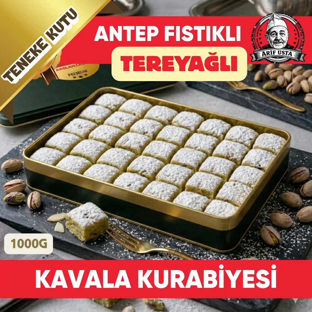 Premium Teneke Kutuda Antep Fıstıklı %100 Tereyağlı Kavala Kurabiyesi 1000 g